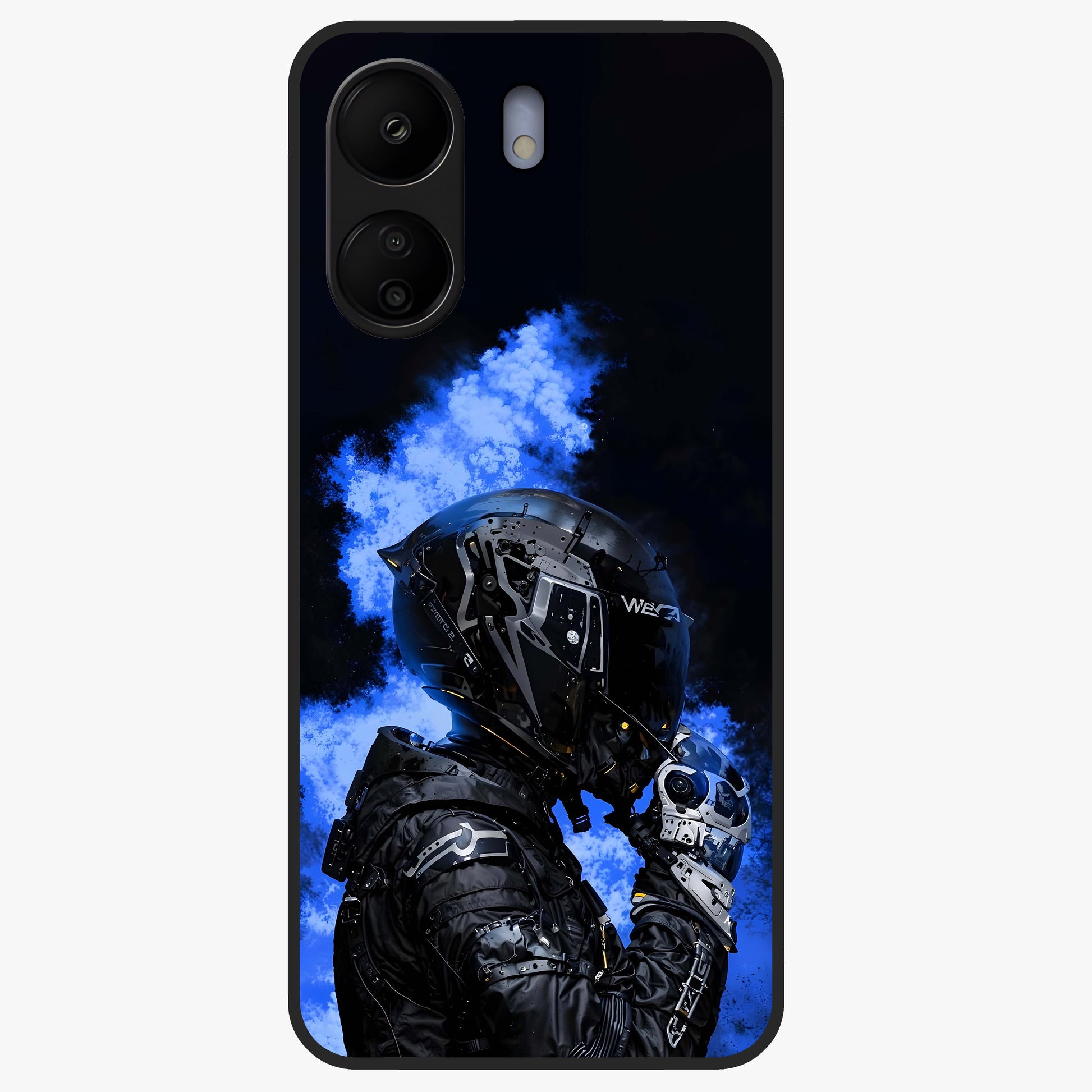 Cyber Sentinel Protocol Glass Case showing flat back view with futuristic cyber themed artwork and glossy glass finish.