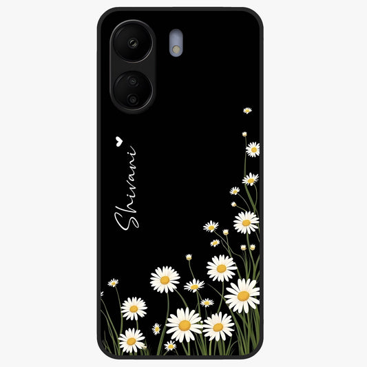 Daisy Cascade Custom Name Glass Case showing flat back view with cascading daisy flowers and personalized name design.