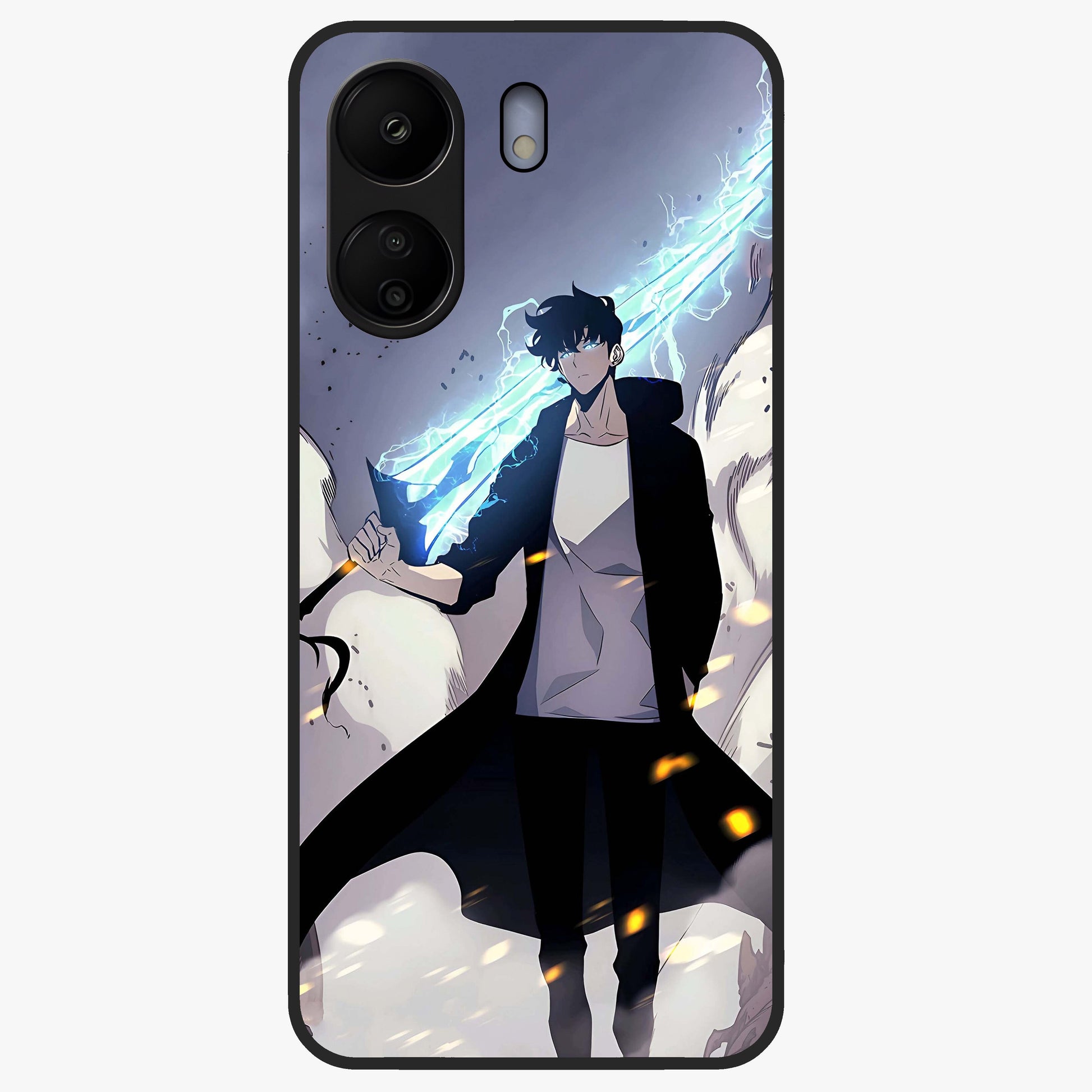 Dark Lightning Anime Warrior Glass Case showing flat back view with intense anime warrior artwork and glossy glass finish.