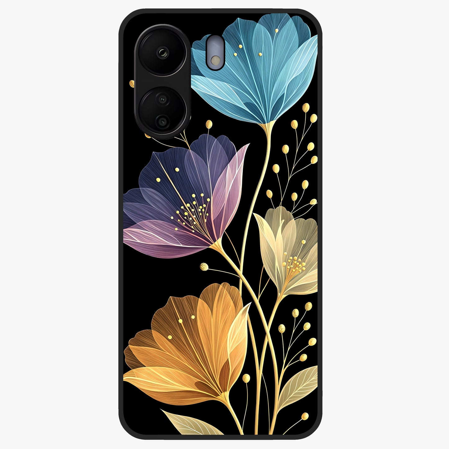 Delicate Multicolor Flowers Glass Case showing flat back view with vibrant floral artwork and glossy glass finish.