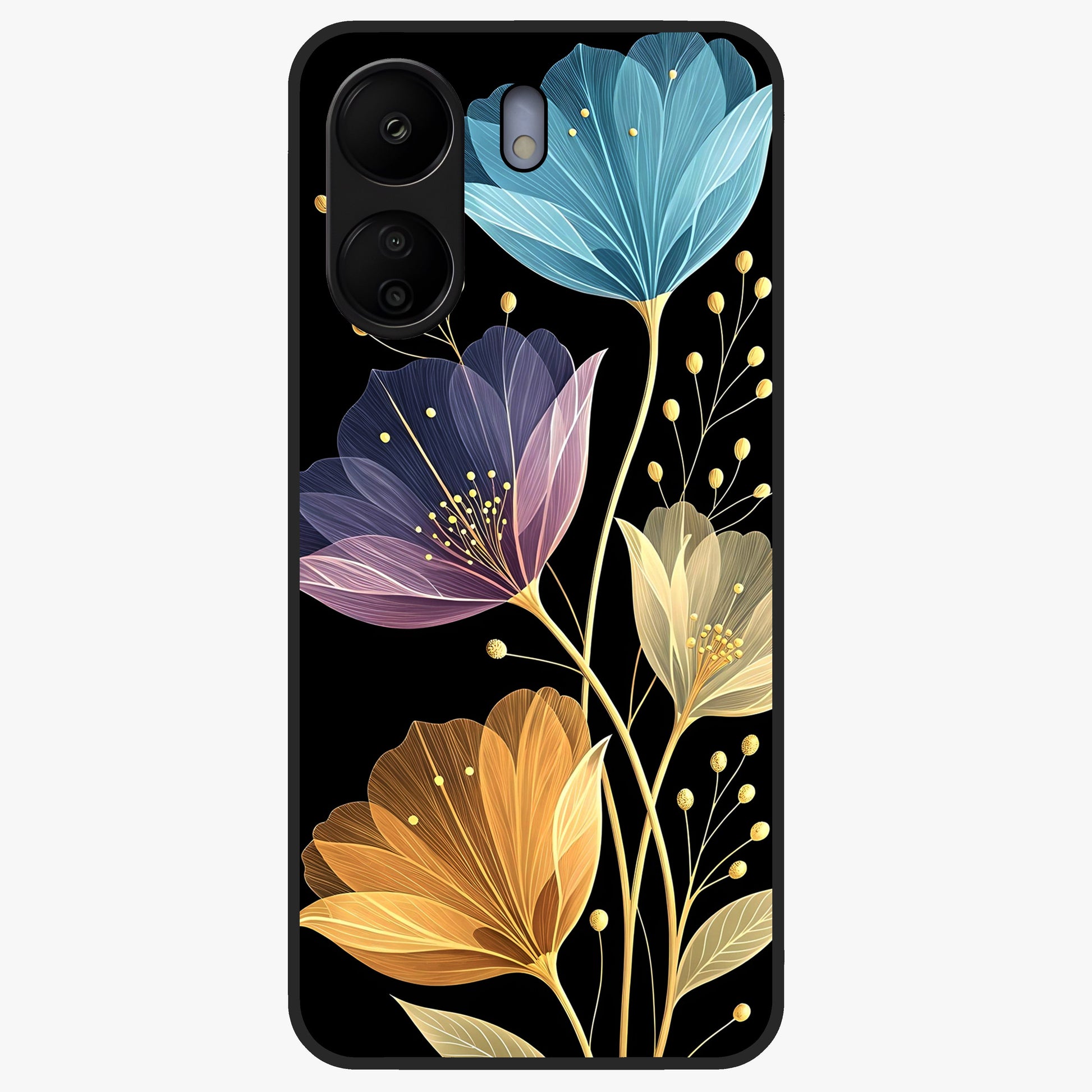 Delicate Multicolor Flowers Glass Case showing flat back view with vibrant floral artwork and glossy glass finish.