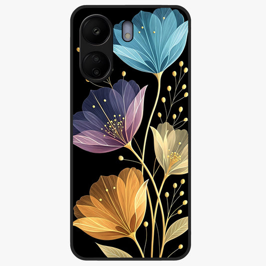 Delicate Multicolor Flowers Glass Case showing flat back view with vibrant floral artwork and glossy glass finish.