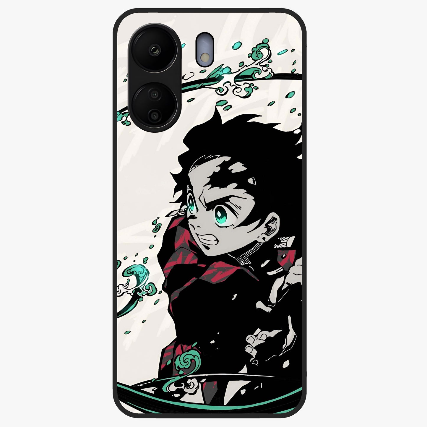 Demon Slayer Glass Case showing flat back view with bold anime inspired artwork and glossy glass finish.