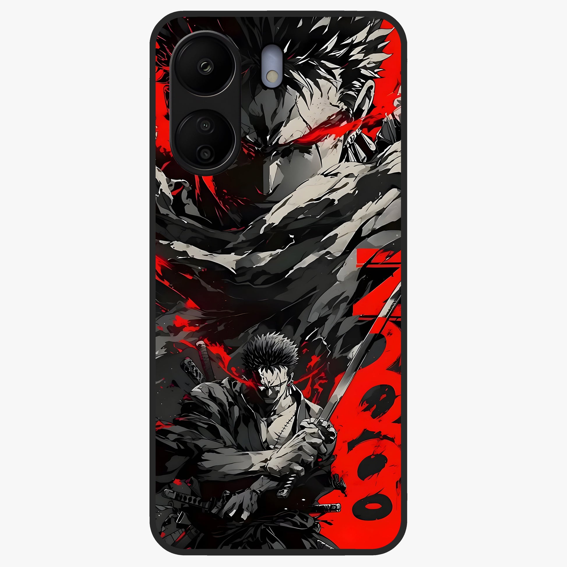 Demon Sword Resolve Glass Case showing flat back view with fierce sword warrior artwork and glossy glass finish.