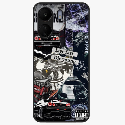 Die Young Glass Case showing flat back view with bold artistic typography design and glossy glass finish.