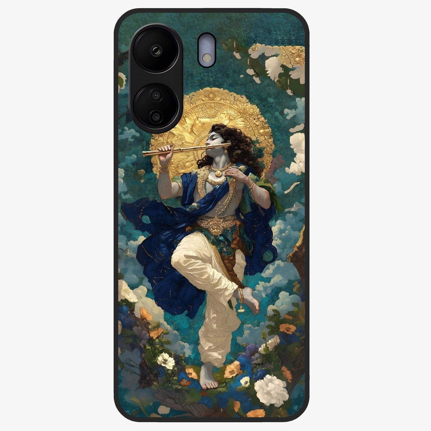 Divine Krishna Art Glass Case showing flat back view with Lord Krishna artwork and glossy glass finish.