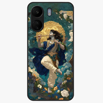 Divine Krishna Art Glass Case showing flat back view with Lord Krishna artwork and glossy glass finish.