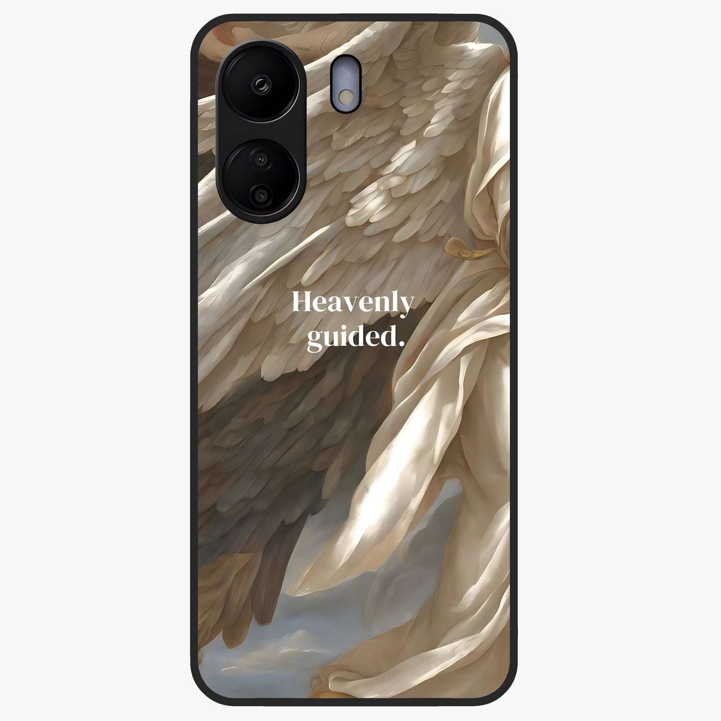 Divine Winged Grace Glass Case showing flat back view with elegant wing inspired artwork and glossy glass finish.