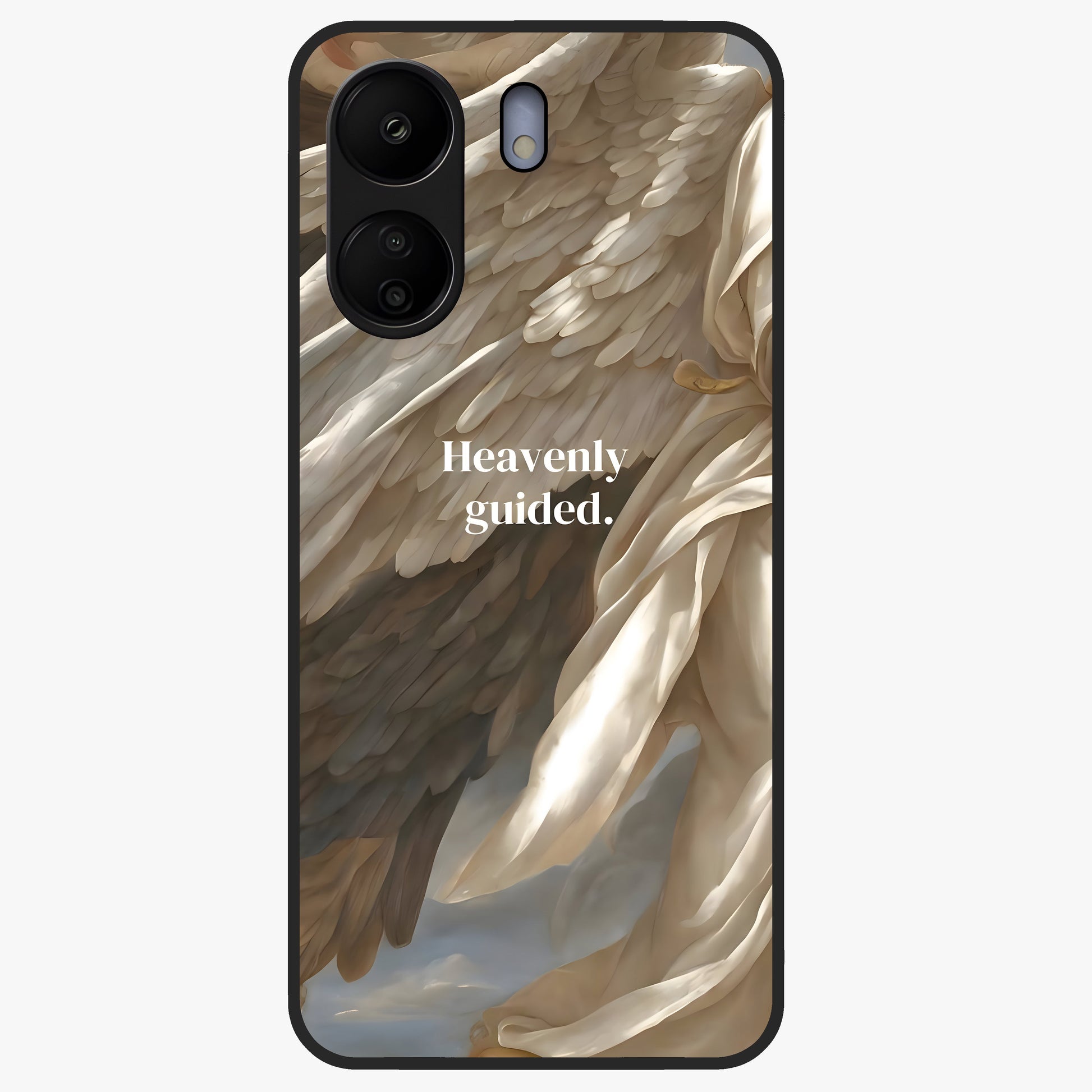 Divine Winged Grace Glass Case showing flat back view with elegant wing inspired artwork and glossy glass finish.