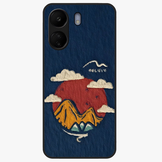 Dream Beyond Mountains Glass Case showing flat back view with scenic mountain landscape artwork and glossy glass finish.