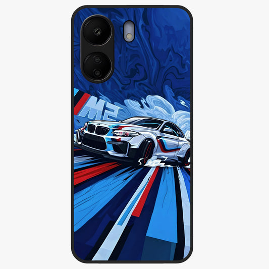 Drift Power Rush Glass Case showing flat back view with dynamic racing inspired artwork and glossy glass finish.