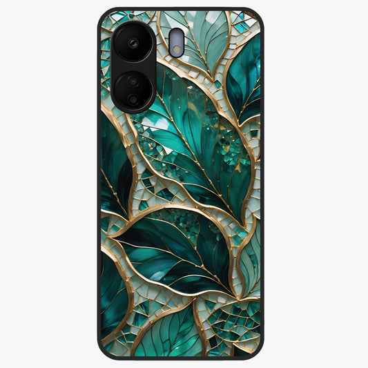 Emerald Leaf Glass Glass Case showing flat back view with emerald green leaf artwork and glossy glass finish.