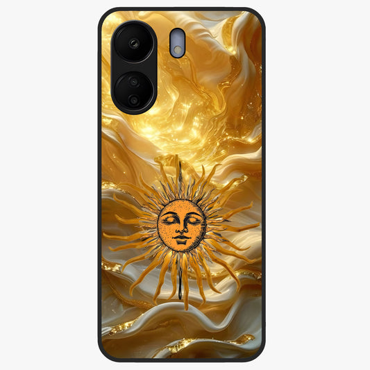 Eternal Golden Glow Glass Case showing flat back view with radiant golden themed artwork and glossy glass finish.