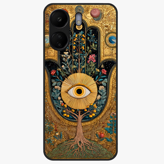 Ethereal Evil Eye Glass Case showing flat back view with mystical evil eye artwork and glossy glass finish.