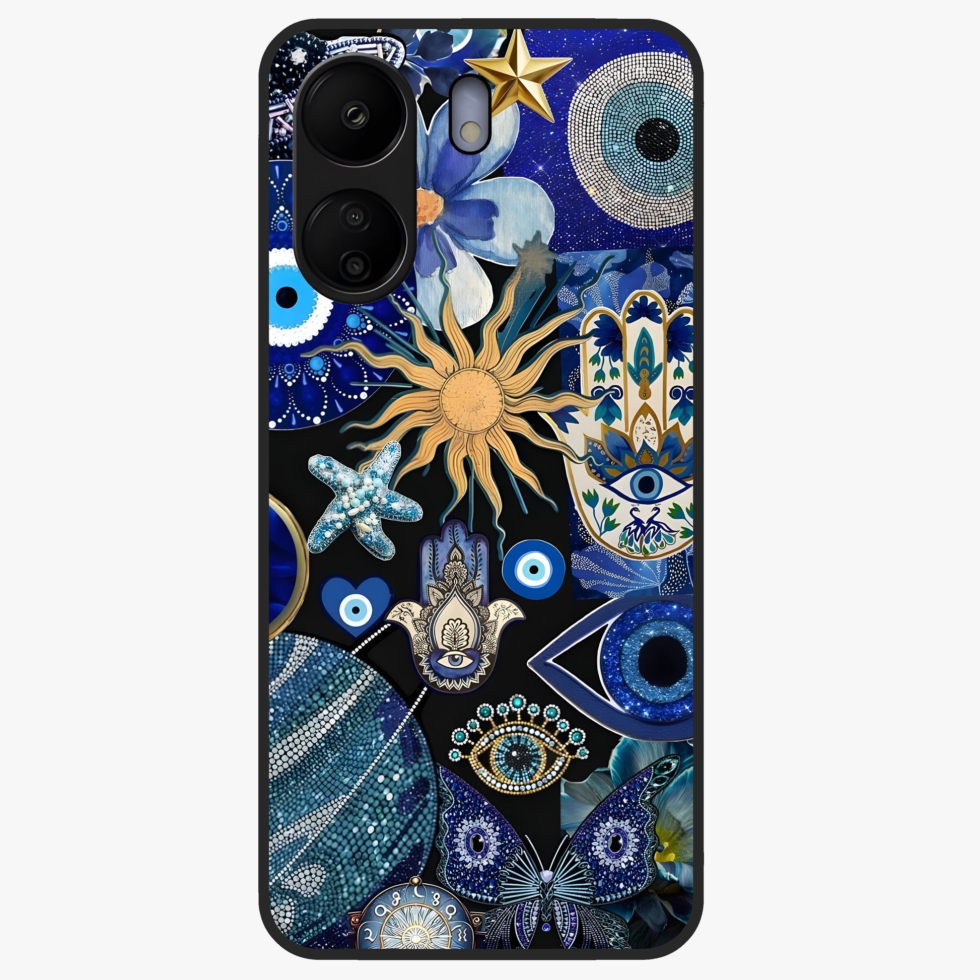 Evil Eye Charm Mix Glass Case showing flat back view with multiple evil eye charms artwork and glossy glass finish.
