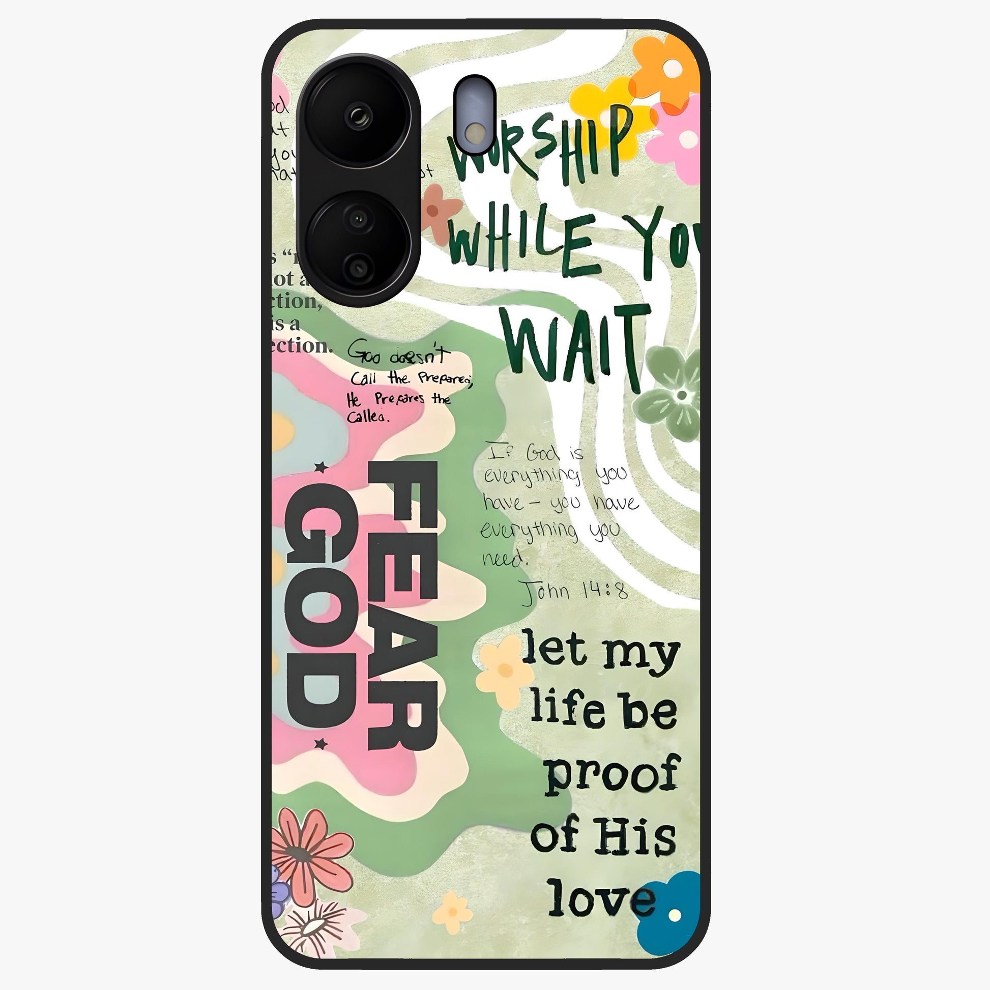 Faith Over Fear Glass Case showing flat back view with motivational typography artwork and glossy glass finish.