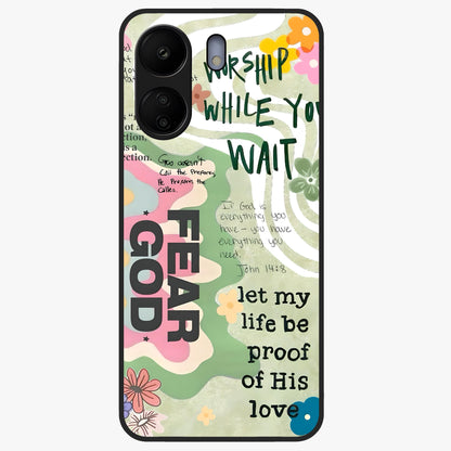 Faith Over Fear Glass Case showing flat back view with motivational typography artwork and glossy glass finish.