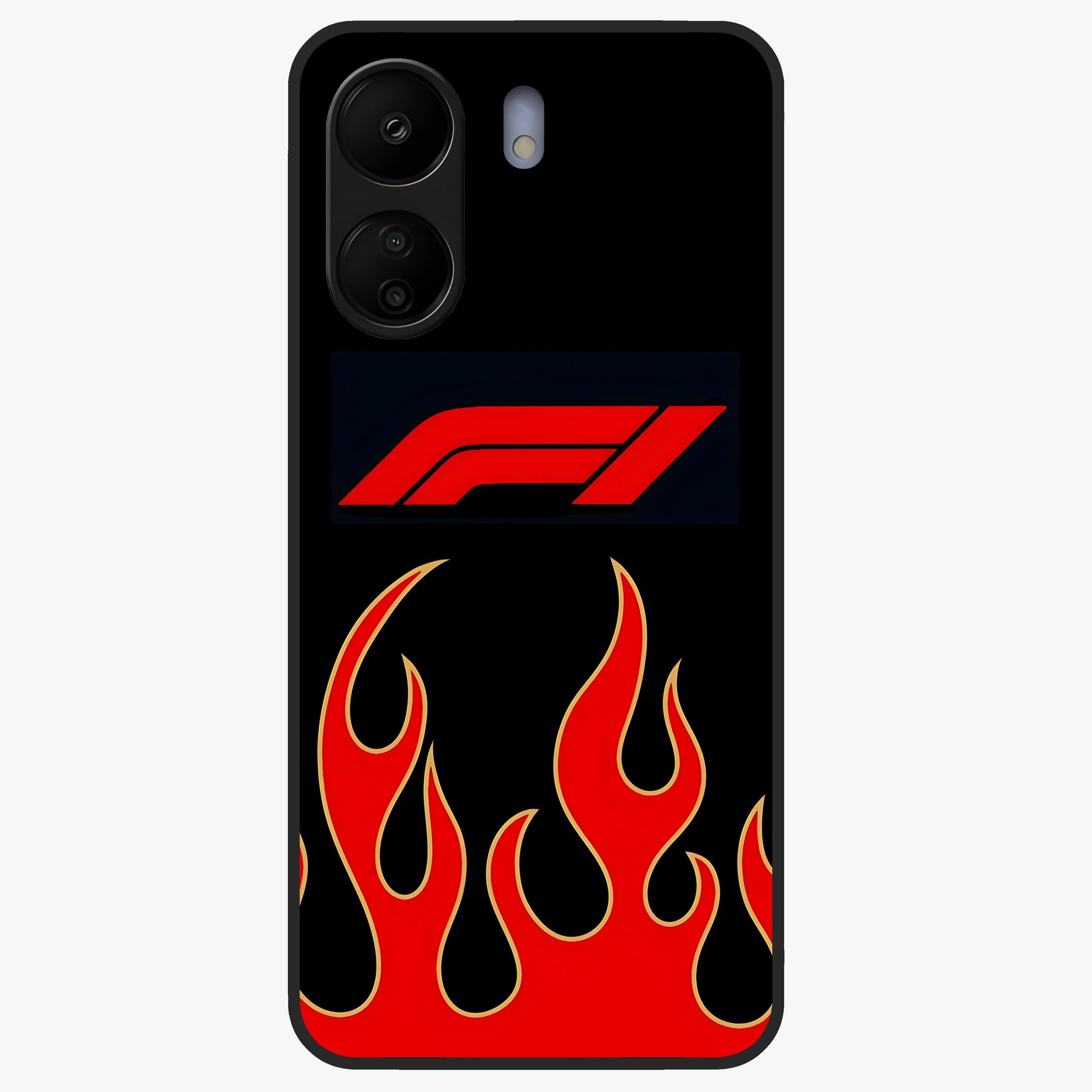 Fire F11 Glass Case showing flat back view with fiery themed artwork and glossy glass finish.