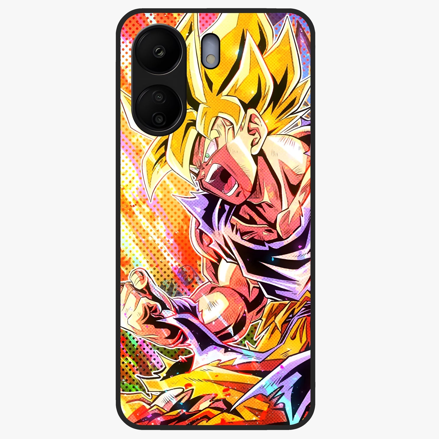 Firing Goku Glass Case showing flat back view with powerful anime inspired artwork and glossy glass finish.