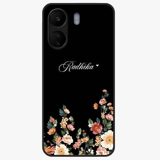 Floral Design With a Custom Personalized Name Glass Case showing flat back view with floral artwork and personalized name design.