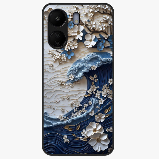 Floral Wave Origami Glass Case showing flat back view with origami inspired floral wave artwork and glossy glass finish.