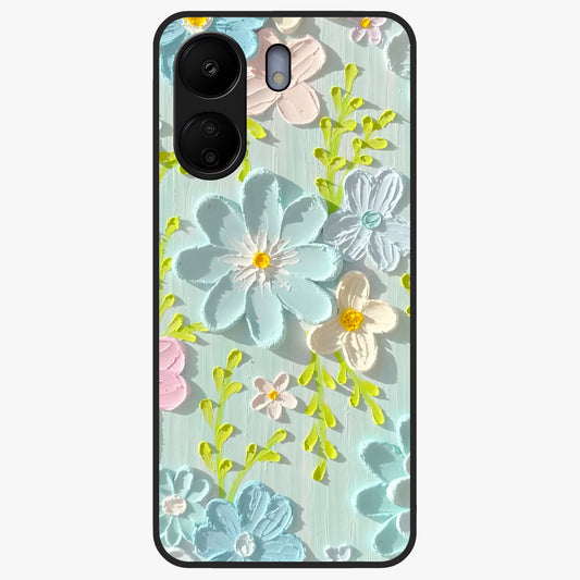 Frosted Petal Garden Glass Case showing flat back view with soft frosted floral artwork and glossy glass finish.