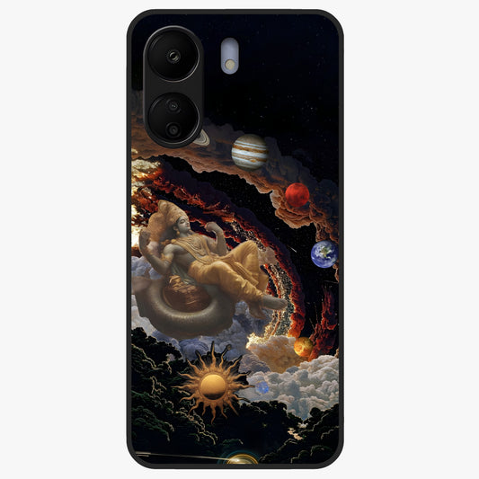 Galactic Divine God Glass Case showing flat back view with divine cosmic themed artwork and glossy glass finish.