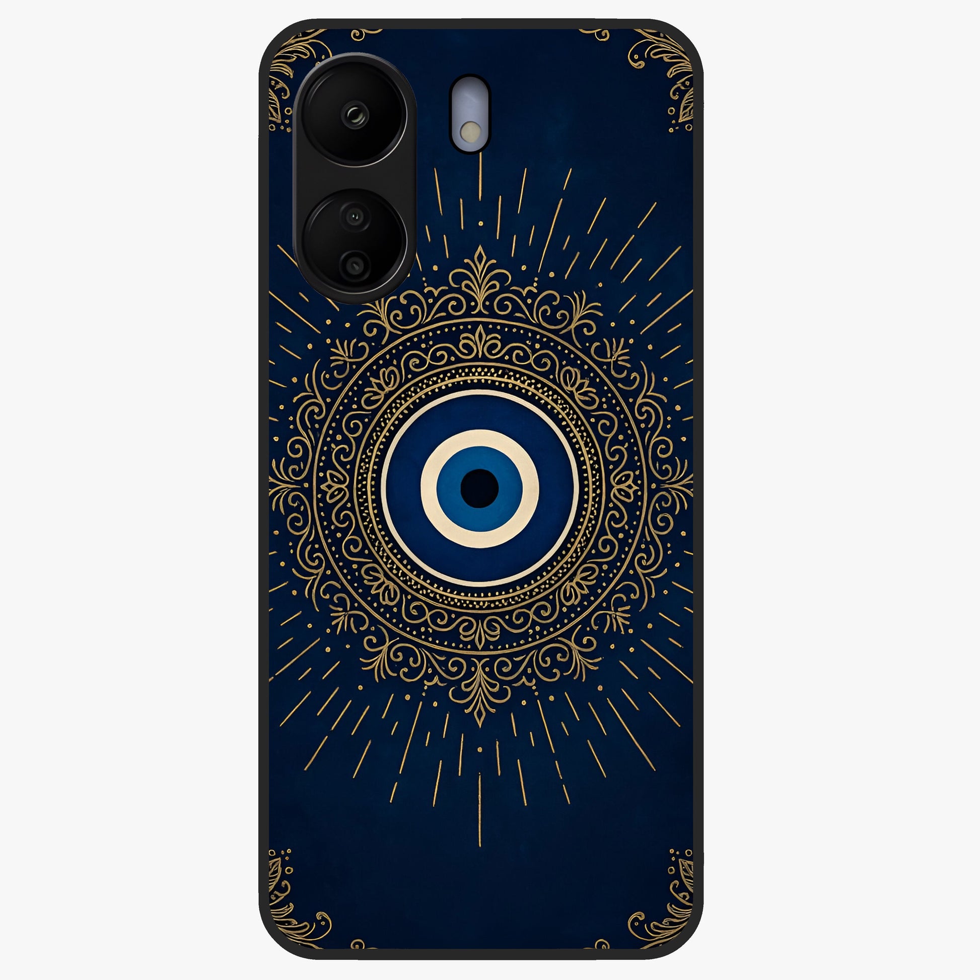 Golden Evil Eye Mandala Glass Case showing flat back view with intricate evil eye mandala artwork and glossy glass finish.