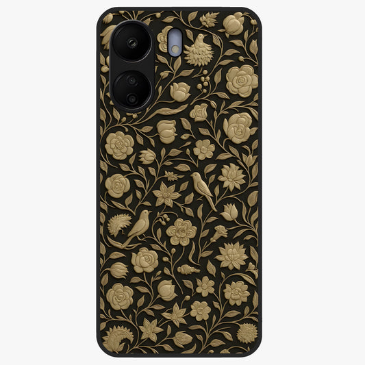 Golden Floral Majesty Glass Case showing flat back view with luxurious golden floral artwork and glossy glass finish.