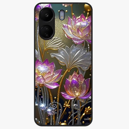 Golden Lotus Glow Glass Case showing flat back view with glowing lotus flower artwork and glossy glass finish.