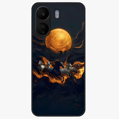Golden Stallion Moonride Glass Case showing flat back view with majestic horse under moonlight artwork and glossy glass finish.