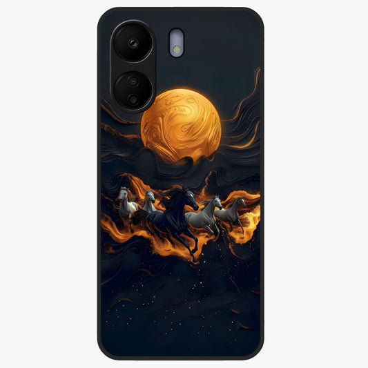 Golden Stallion Moonride Glass Case showing flat back view with majestic horse under moonlight artwork and glossy glass finish.