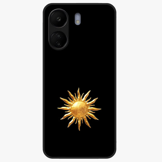 Golden Sun Minimalism Glass Case showing flat back view with minimal golden sun artwork and glossy glass finish.