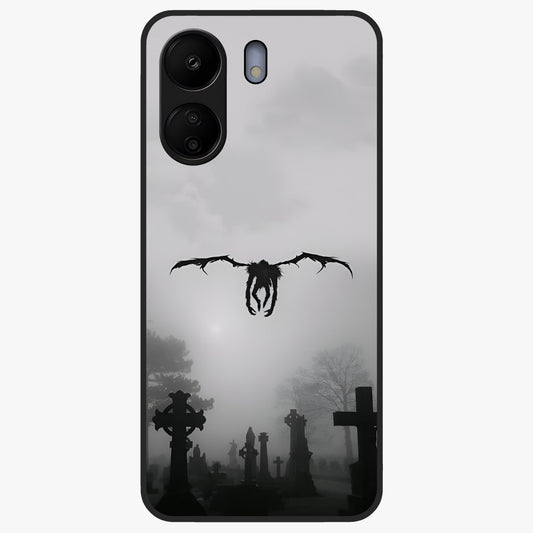 Graveyard Shadow Descent Glass Case showing flat back view with dark graveyard themed artwork and glossy glass finish.
