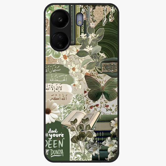 Green Islamic Books Quotes Glass Case showing flat back view with Islamic quotes and book themed artwork and glossy glass finish.