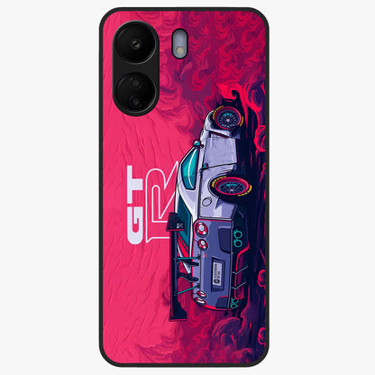 GT-R Car Pattern Glass Case showing flat back view with sporty car inspired pattern artwork and glossy glass finish.