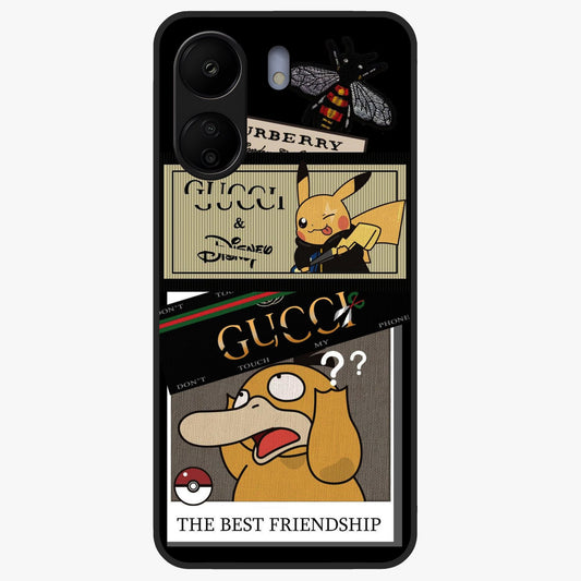Gucci Play Mashup Glass Case showing flat back view with luxury inspired graphic artwork and glossy glass finish.