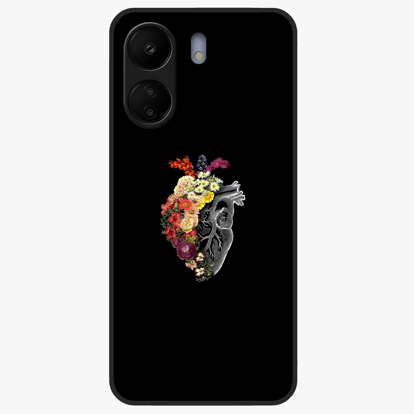Heart With Flowers Glass Case showing flat back view with heart shaped floral artwork and glossy glass finish.