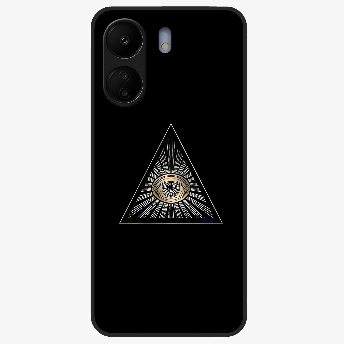 Illuminati Evil Glass Case showing flat back view with mysterious illuminati symbol artwork and glossy glass finish.