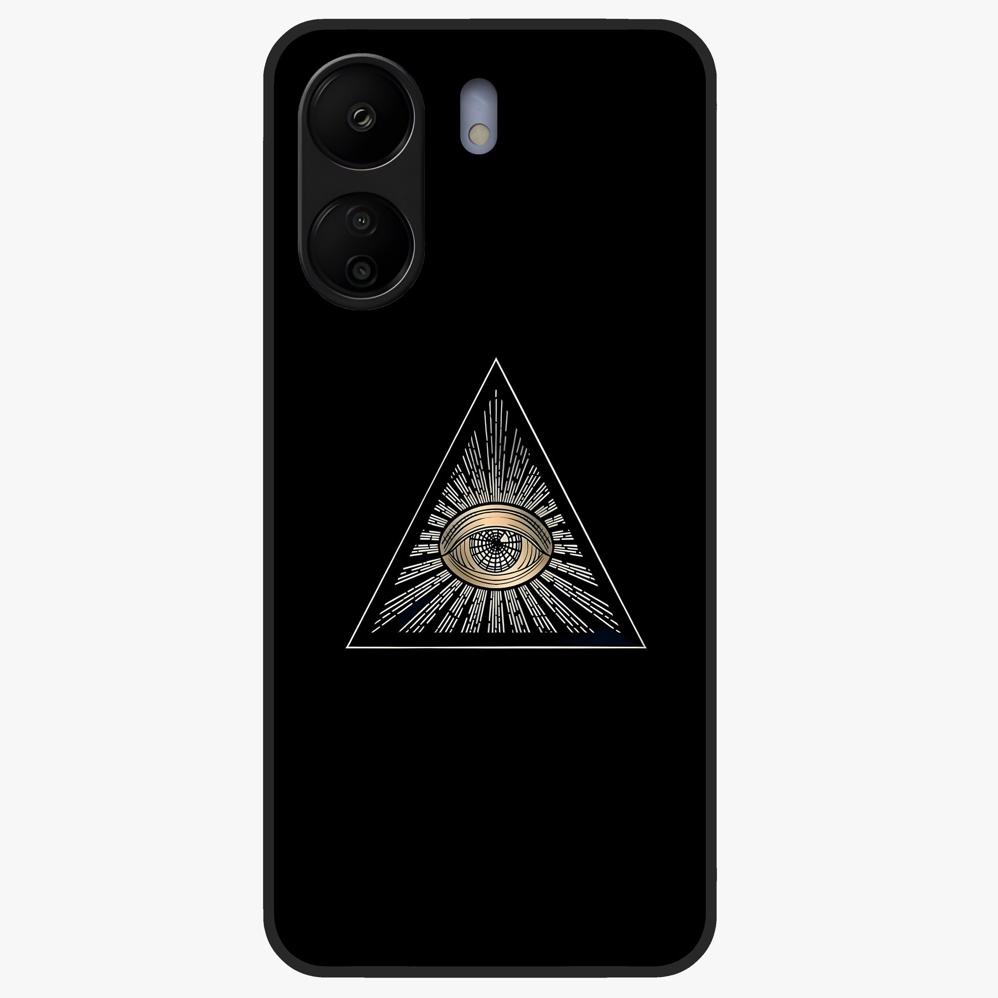 Illuminati Evil Glass Case showing flat back view with mysterious illuminati symbol artwork and glossy glass finish.