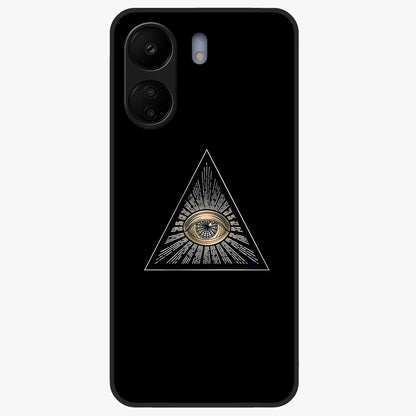 Illuminati Evil Glass Case showing flat back view with mysterious illuminati symbol artwork and glossy glass finish.
