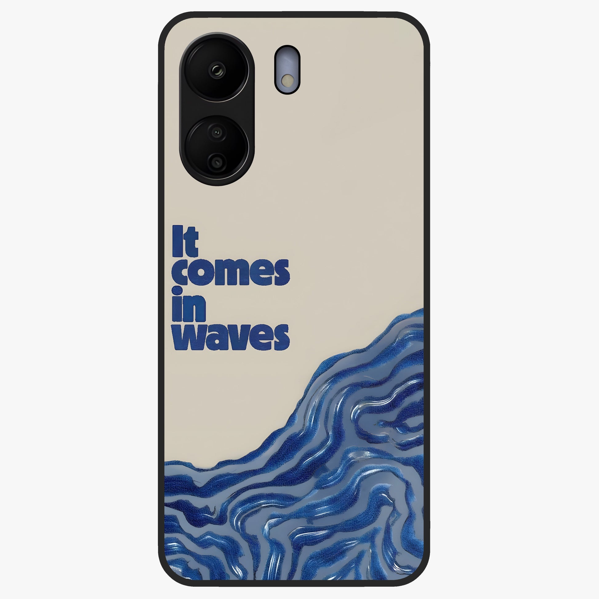 It Comes In Waves Quote Glass Case showing flat back view with inspirational wave themed quote artwork and glossy glass finish.