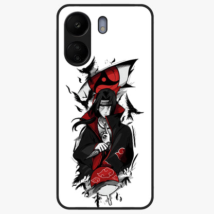 Itachi Sharingan Glass Case showing flat back view with powerful anime eye artwork and glossy glass finish.