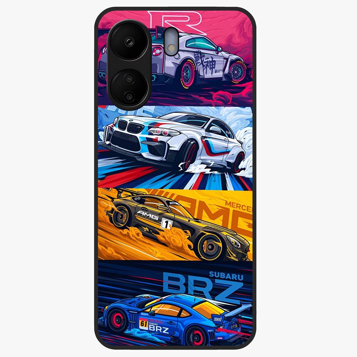 JDM Sports Car Glass Case showing flat back view with high performance sports car artwork and glossy glass finish.