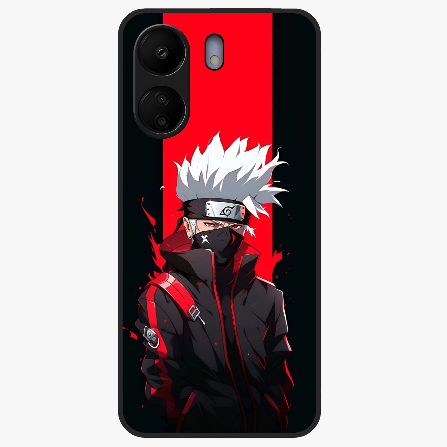 Kakashi Scarlet Shadow Glass Case showing flat back view with powerful anime ninja artwork and glossy glass finish.