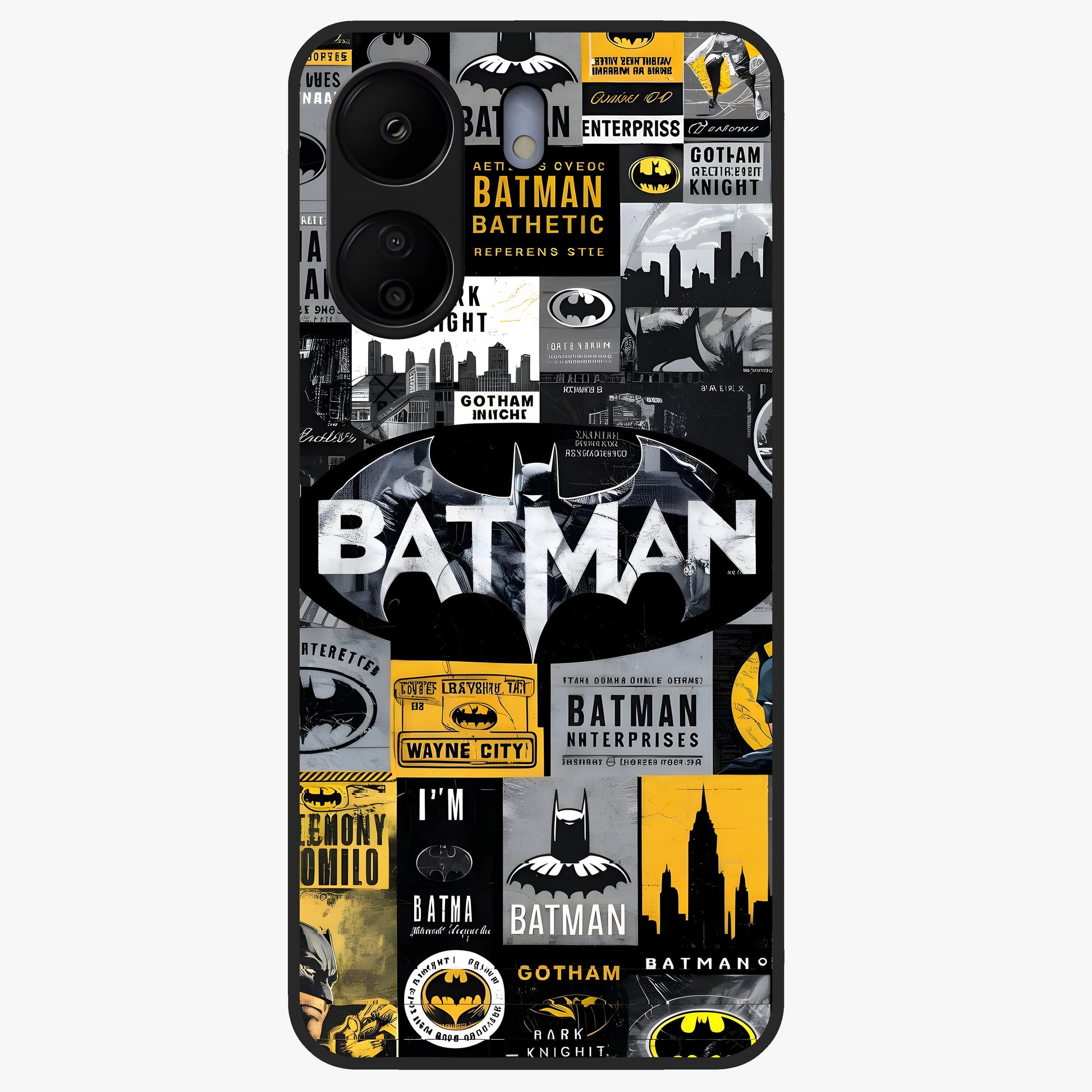Knight Gotham Rise Glass Case showing flat back view with dark hero inspired artwork and glossy glass finish.