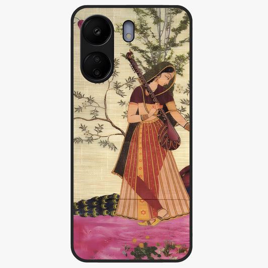 Lady With Veena Art Glass Case showing flat back view with elegant woman playing veena artwork and glossy glass finish.