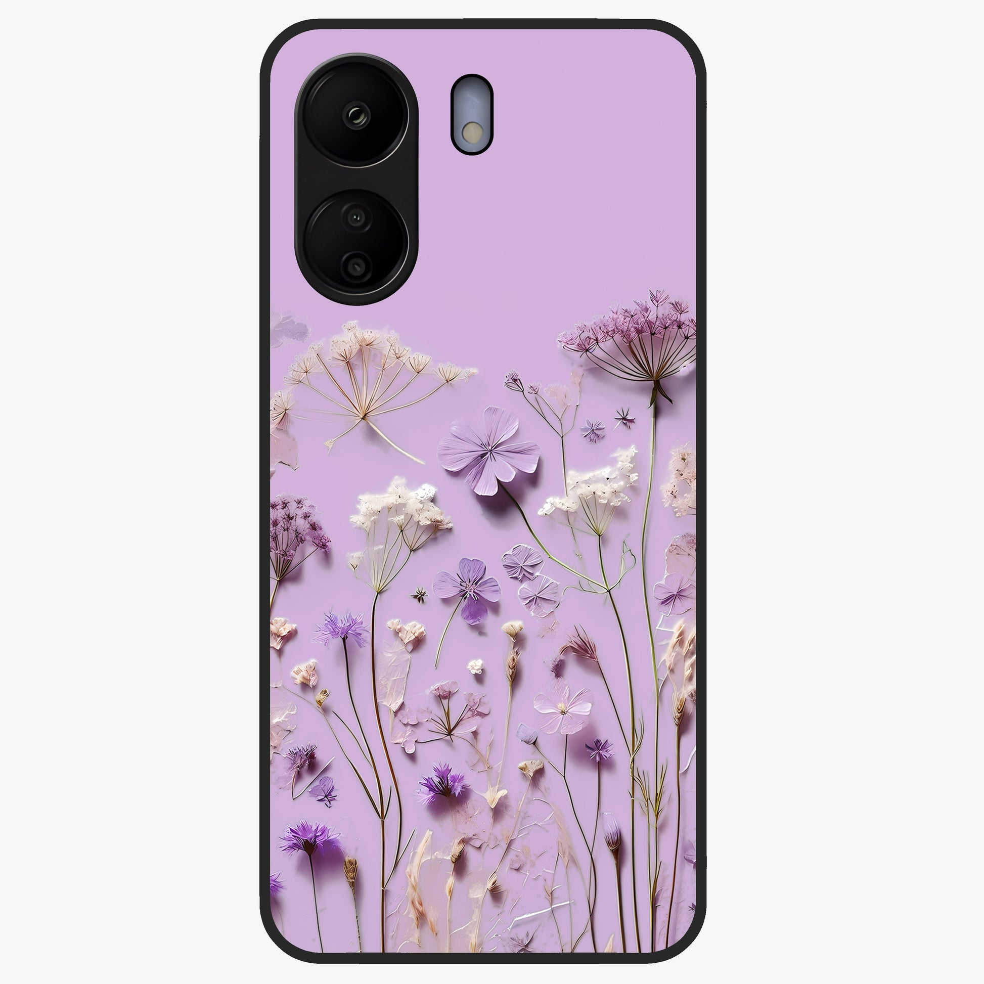 Lavender Blossom Dream Glass Case showing flat back view with soft lavender floral artwork and glossy glass finish.