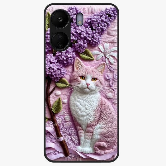 Lavender Cat Whimsy Glass Case showing flat back view with cute lavender cat artwork and glossy glass finish.