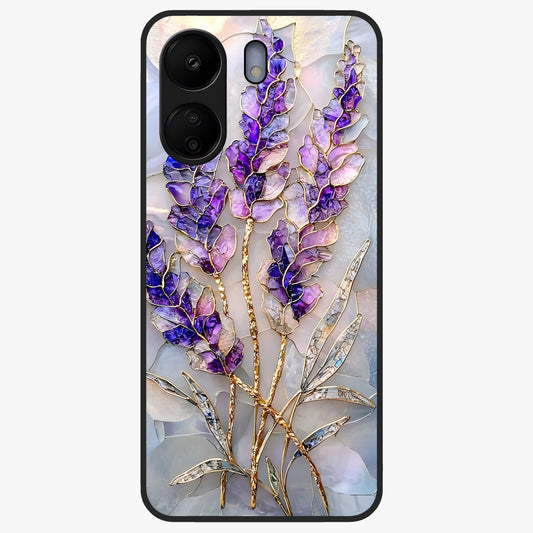 Lavender Dream Glow Glass Case showing flat back view with glowing lavender aesthetic artwork and glossy glass finish.